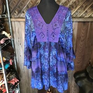 🦋 One World Purple Flared Sleeves Multicolored Blouse